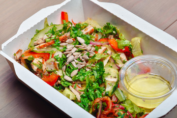 Healthy food delivery. Take away of natural organic low carb. Eat right concept, healthy food, fitness nutrition take away in boxes.