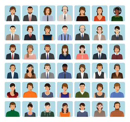 Call center employee avatars set with headset. Support service characters icons of faces.