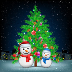 Christmas tree snowmans and night city