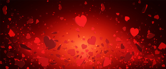 Heart confetti of Valentines petals falling on red background. Flower petal in shape of heart confetti for Women's Day