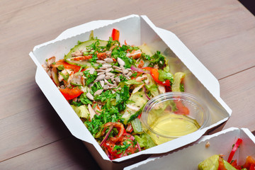 Healthy food delivery. Take away of natural organic low carb. Eat right concept, healthy food, fitness nutrition take away in boxes.