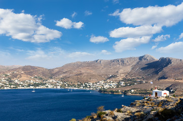 Fototapeta na wymiar Panoramic view from the castle of Leros island, Dodecanese, Greece