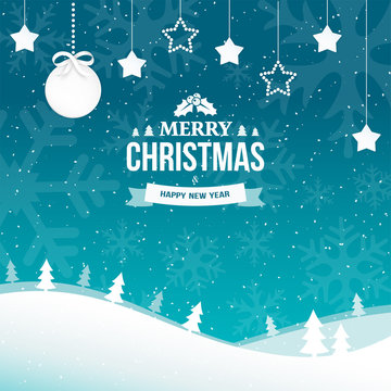 2018 Merry Christmas and Happy New Year greeting card background with snowflakes. Winter scene flat landscape background with falling snow and trees. Paper garland of stars with xmas ball. Vector.