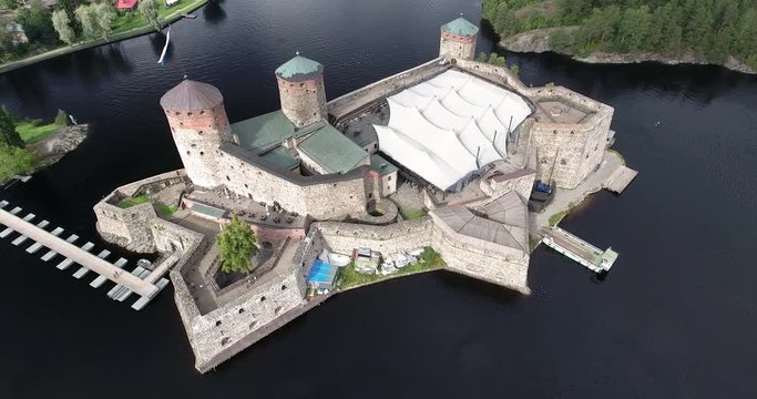 Olavinlinna Castle in Savonlinna close up aerial shot