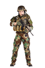 Portrait soldier or private military contractor holding sniper rifle.