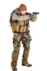 private military contractor aiming with black pistol.