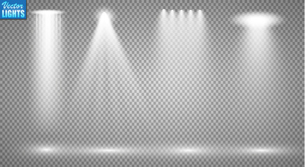 Vector light sources, concert lighting, stage spotlights set. Concert spotlight with beam, illuminated spotlights for web design illustration
