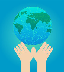 save the earth concept.Flat hands cover a planet with gradient background vector illustration.Green world with hand