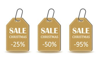 Set of golden Christmas sales tag with inscriptions and shadow. Vector illustration.
