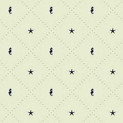 Seamless vector pattern with seahorse, starfish and dotted lines. Marine motif.