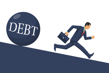 Debt concept. Businessman runs away from big debt. Financial crisis, economic depression, crash financial. Vector illustration flat design. Isolated on white background. Cartoon business people.