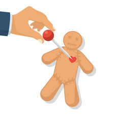Voodoo doll. Human holds a needle in hand, prick it into toy. Read spell. Mysticism and witchcraft. Vector illustration flat design. Isolated on white background.