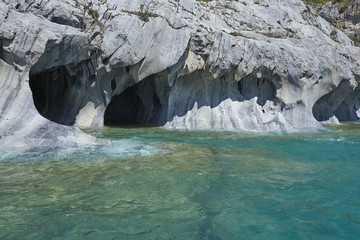 Marble Caves on the shore of Lago General Carrera along the Carretera Austral in Northern Patagonia, Chile.