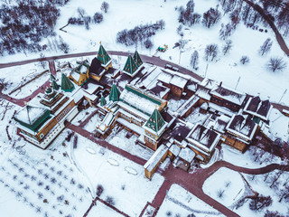 russian traditional architecture aerial view during snowy winter
