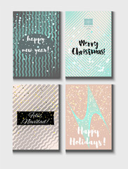 Christmas Card Vector Set with Lettering. Merry Christmas, Happy New Year, Feliz Navidad and Happy Holidays Text on Festive Background in Faded Blue, Pink, Grey, Snowfall. Tender Christmas Card Set