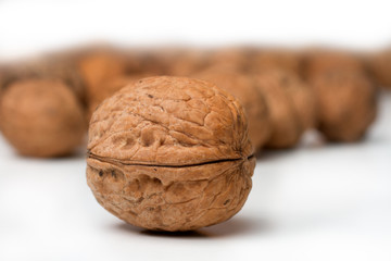 large, single walnut in the foreground and other nuts in the background