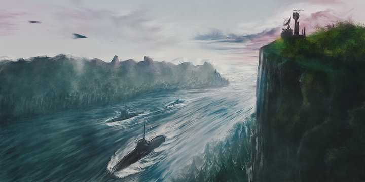 Digital environment painting with submarine and watchtower