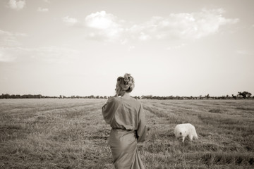 Beautiful woman with white dog on the background of a field.  white dog and lady. Samoyed