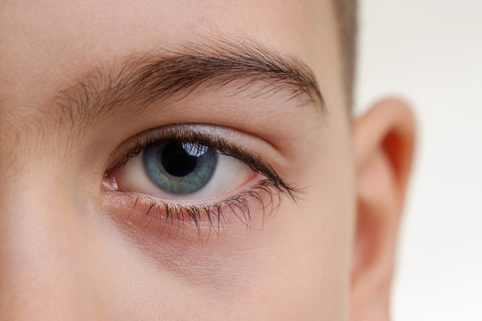 
Close up view of a blue boy's eye looking at camera