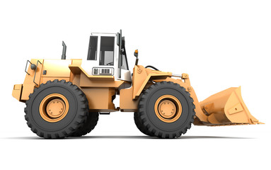 Yellow hydraulic loader moving left to right isolated on white background. 3D illustration. wide angle. Side view