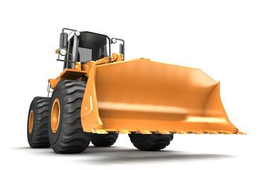 Obraz na płótnie Canvas Yellow hydraulic loader isolated on white background. 3D illustration. wide angle. front side view
