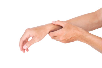 Man hand holding wrist on white background, health care and medical