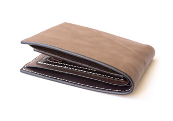 Closeup brown leather wallet for men on white background, fashion and business concept