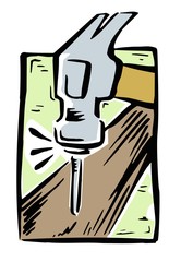 Loose illustration of a hammer striking a nail into a piece of wood