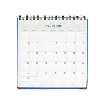 Calendar of December isolated on white background with clipping mask.