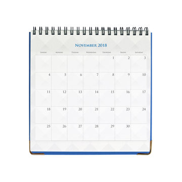 Calendar of November isolated on white background with clipping mask.