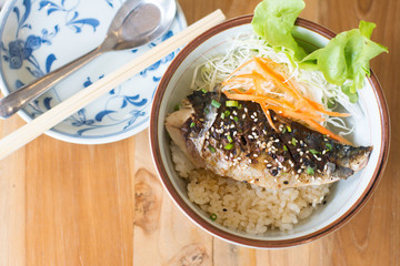 .Grilled Saba with rice, Grill fish with sauce , Saba fish teriyaki sauce, Japan food