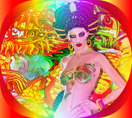 Fototapeta na wymiar Asian Goddess with dragon tattoo and colorful background. Confidence, beauty, diversity, wealth and power are all expressed here in this 3d render of our digital art model.