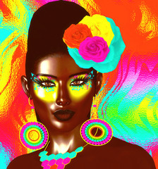 Colorful pop art image of woman's face with flowers in hair. This is a 3d rendered digital art image of a close up woman's face in pop art style. 