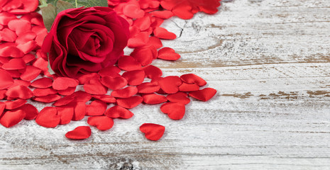 Close up of a single red rose and heart shapes