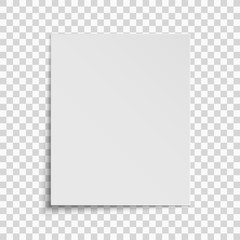Realistic vertical white sheet of paper isolated on a transparent background. Template for your project. Vector