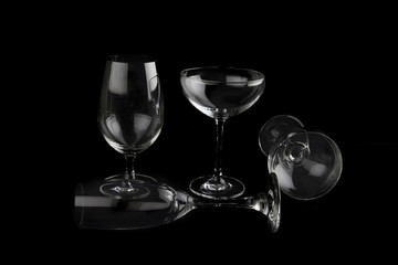 Empty glasses for wine on a black background