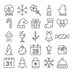New Year icons. Christmas party elements. New Year Outline pictograms for web site design and mobile apps.