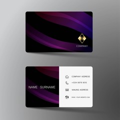 Modern business card template design. With inspiration from the abstract. Contact card for company. Two sided black and purple on the gray background. Vector illustration. 