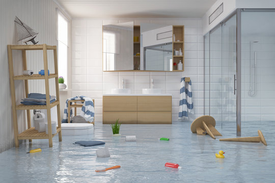 &Uuml;berschwemmtes Skandinavisches, nordisches Badezimmer - Bad - Dusche - Wasserschaden - Havarie - Hochwasser