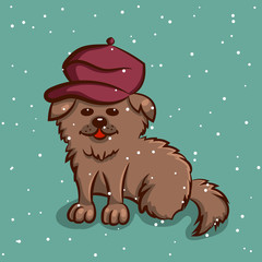 Dog In Beret On Snowy Background