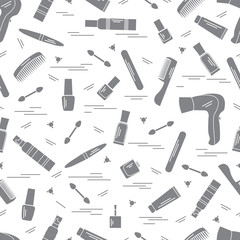 Cute pattern of various accessories of decorative cosmetics, hair  and face care products.