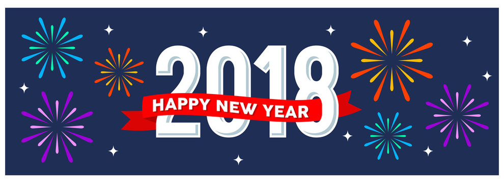 happy new year banner. illustration of celebrate happy new year with firework on dark blue background.