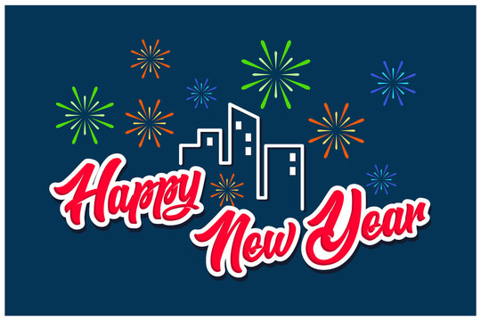 happy new year banner. illustration of celebrate happy new year with building and firework on dark blue background.
