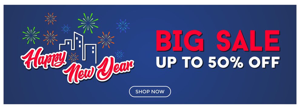 happy new year sale banner for website. illustration of celebrate happy new year with building and firework on dark blue background.