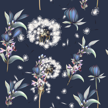 Fototapeta Botanical vector pattern with dandelions, flowers and lavender