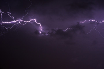 Lightning bolts through clouds