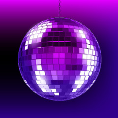 Disco ball on purple dark. Mirror ball in nightclub.
