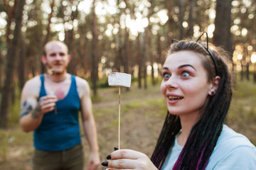 Couple love joke party fun nature picnic concept. Happy together. Travel lifestyle.