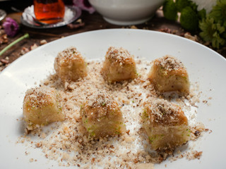 Baklava traditional oriental dessert. Sweet turkish food background concept
