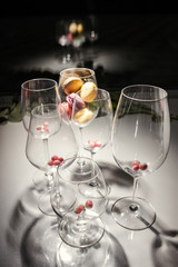 Crystal clear wine and cognac or brandy glasses. Reception concept